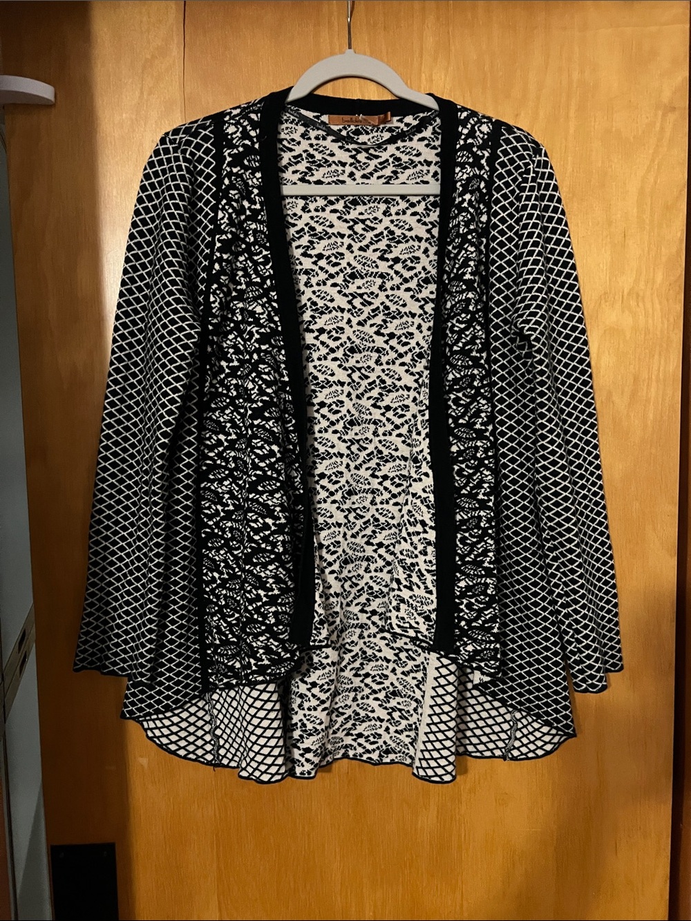 Belldini Black and White Patterned Open Front Cardigan
